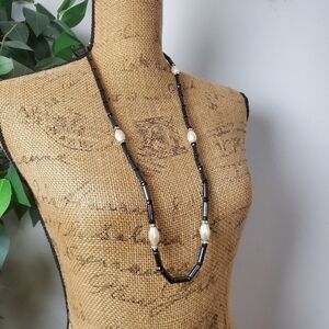 Vintage Style Black Hematite Faux Pearl Beaded Necklace
